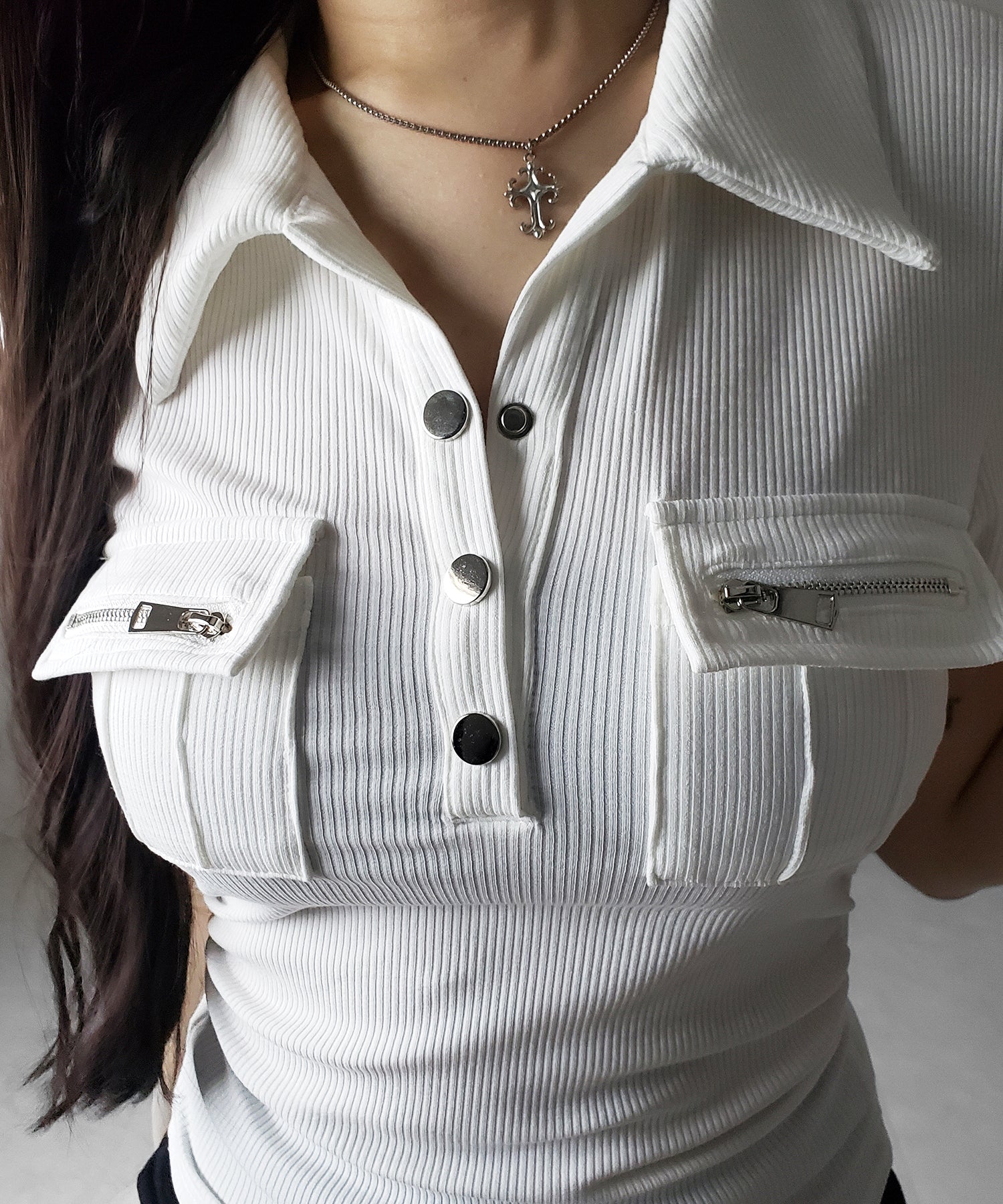 アウトポケットポロネックリブカットソートップス ／ out pocket polo neck rib cutsew tops