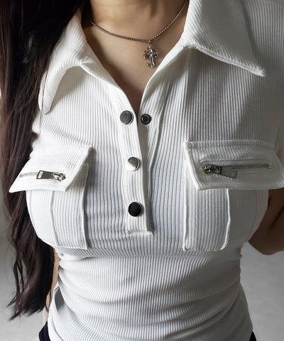 アウトポケットポロネックリブカットソートップス ／ out pocket polo neck rib cutsew tops