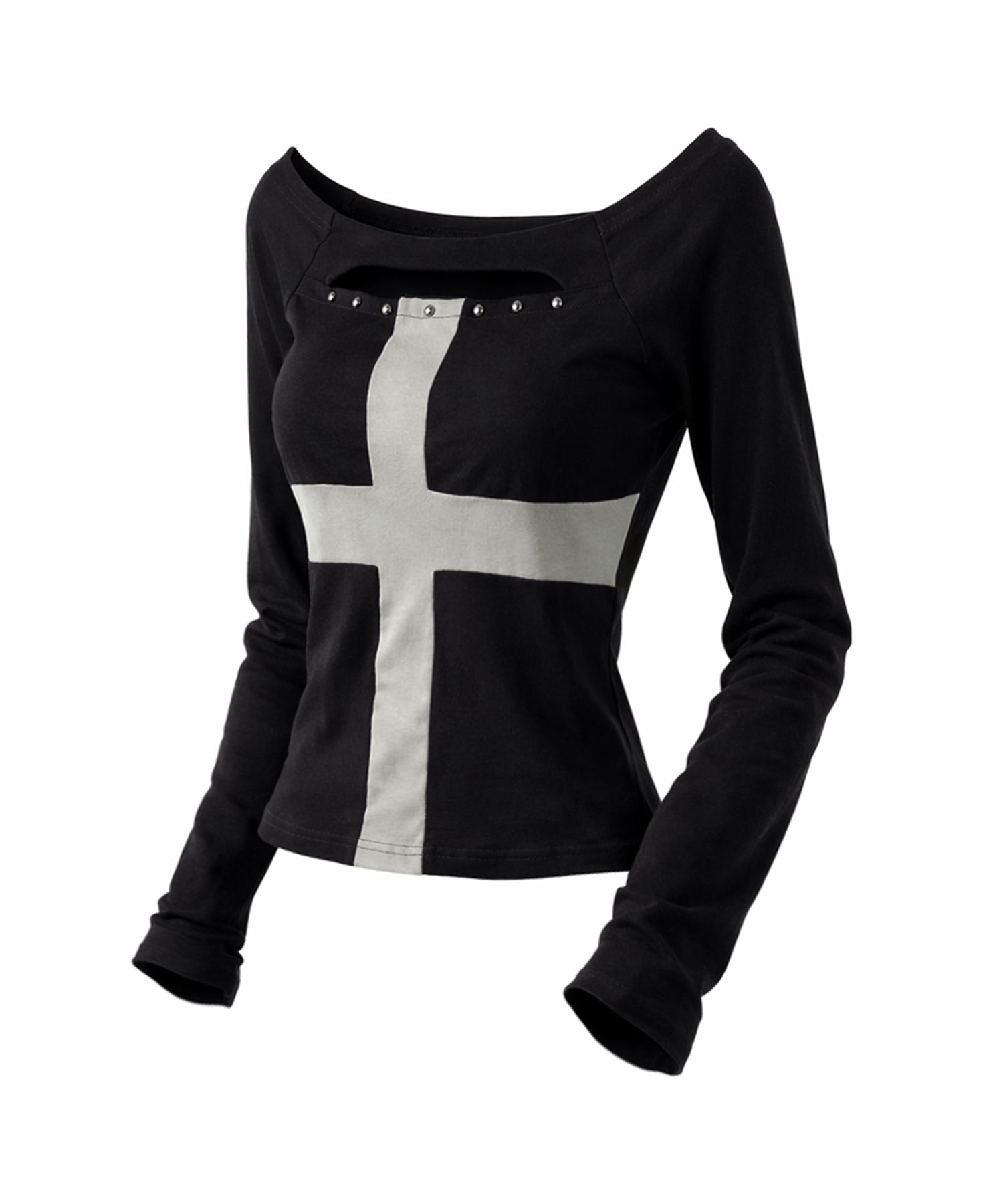 十字架クロスデザインカットアウトオフショルスリムトップス ／ cross design cutout offshoulder slim tops