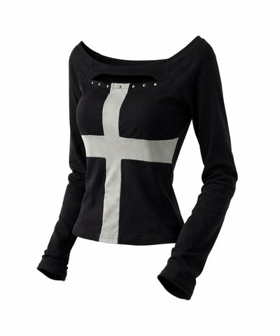 十字架クロスデザインカットアウトオフショルスリムトップス ／ cross design cutout offshoulder slim tops