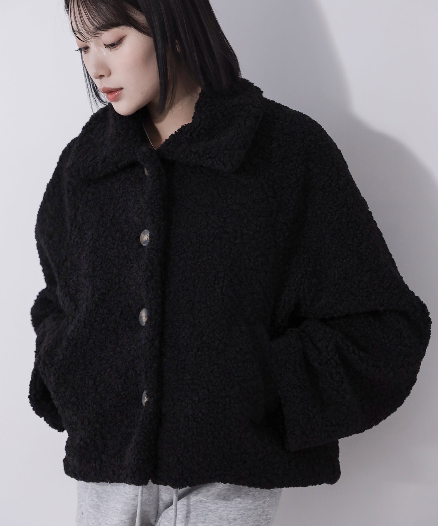 AFter Taste ショートブルゾン　ブラック テディボアボリュームショートブルゾン ／ teddy boa volume short blouson