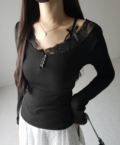 【 ２color 】ストラップダブルリボンレースカットソートップス ／ strap double ribbon lace cutsew tops