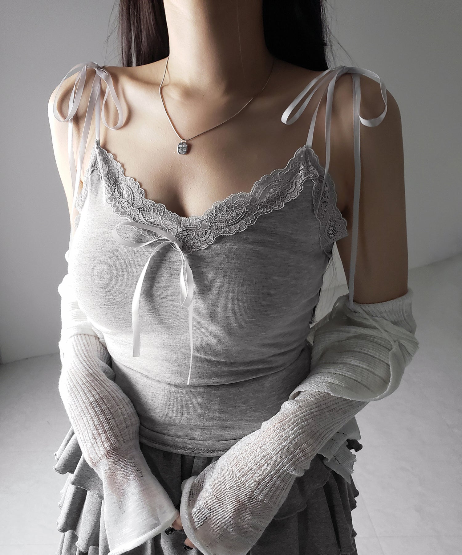 【 ４color 】３サテンリボンレースリブキャミソール ／ three satin ribbon lace lib camisole