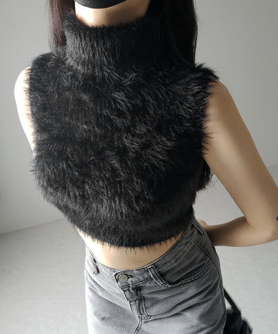 【 ３color 】タートルネックショートシャギーノースリニットトップス ／ turtleneck short shaggy nosleeve knit tops
