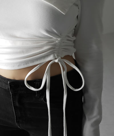 シャーリングリボンショートオフショルカットソートップス ／ shirring ribbon short off shoulder cutsew tops