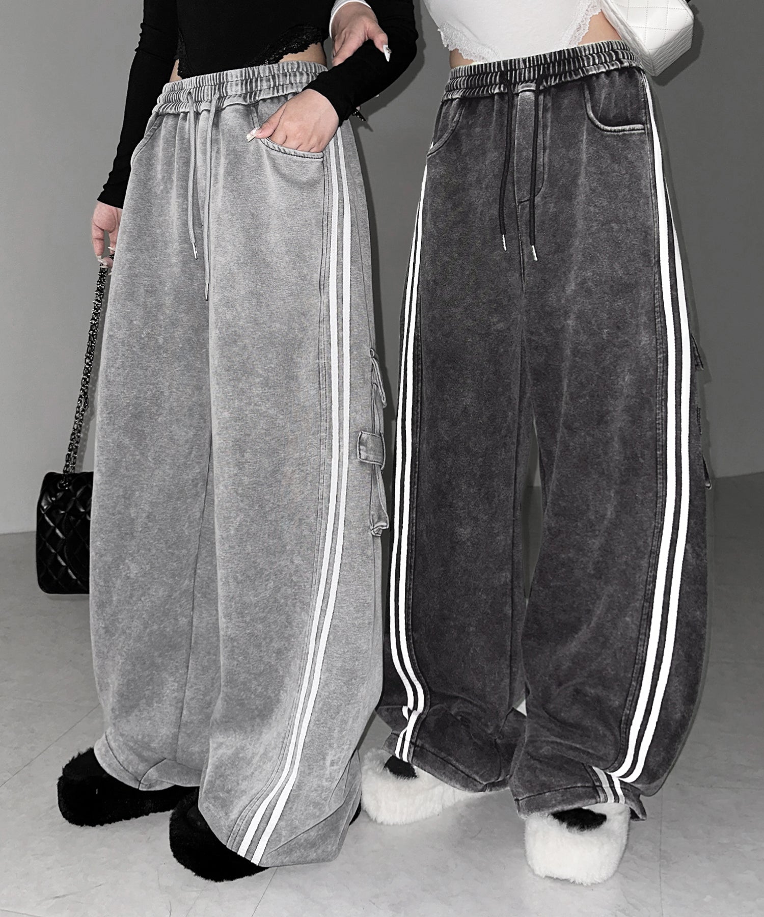 【 裾絞り可能２WAY 】サイドラインピグメントワイドカーゴスウェットパンツ ／ sideline pigment wide cargo sweatpants