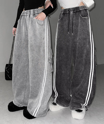 【 裾絞り可能２WAY 】サイドラインピグメントワイドカーゴスウェットパンツ ／ sideline pigment wide cargo sweatpants