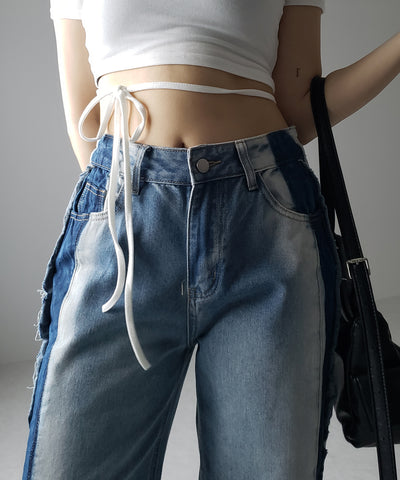【 選べる３サイズ 】サイドライングラデーションダメージルーズデニム ／ Side line gradation damage loose denim