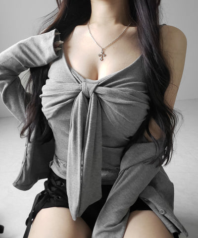 【 ２点セット 】リボンカットソーキャミソール ＋ カーディガンセット ／ribbon cutsew camisole + cardigan SET