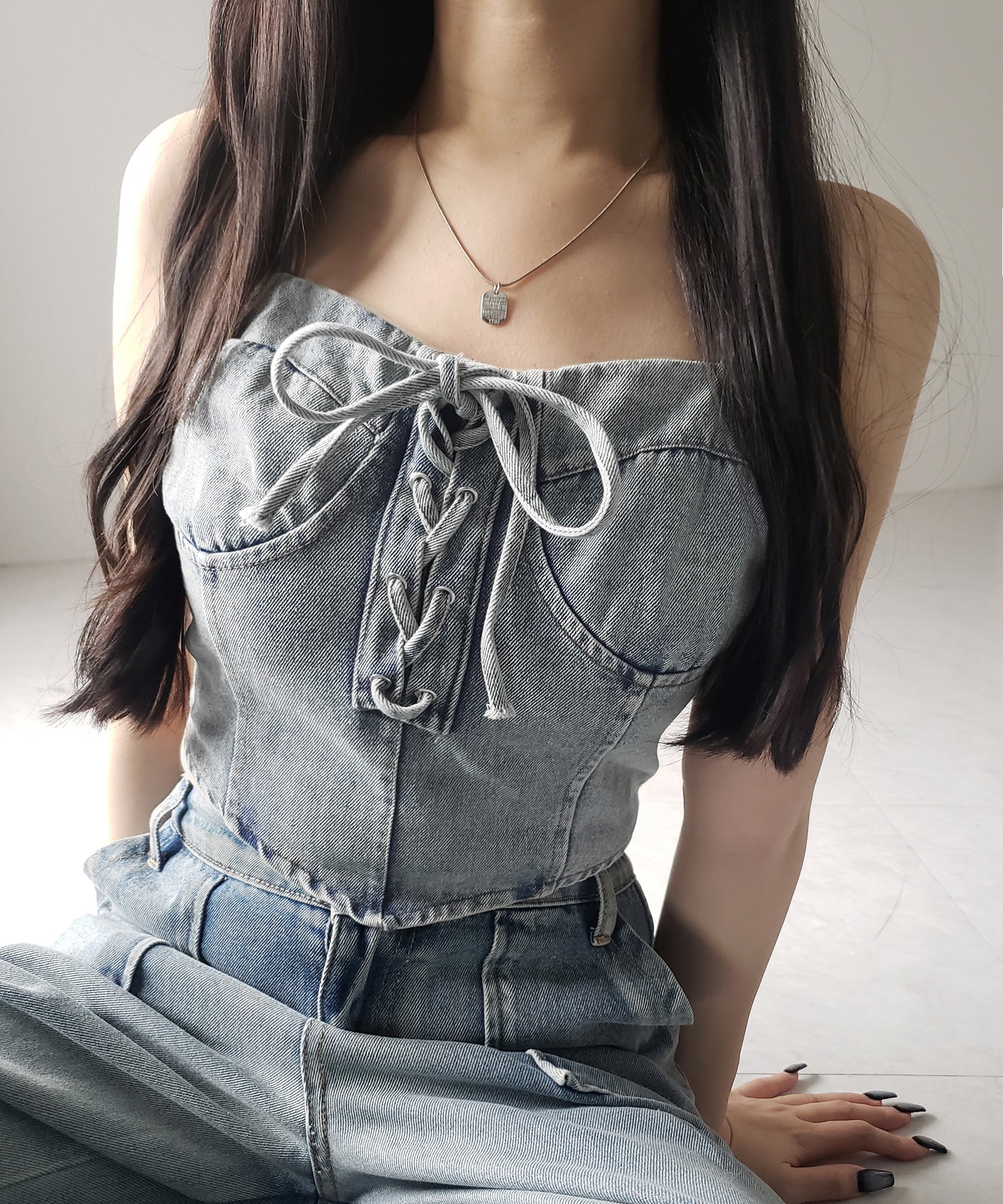 【 ２color 】レースアップリボンコルセットデニムビスチェ ／ lace up ribbon corset denim bustier