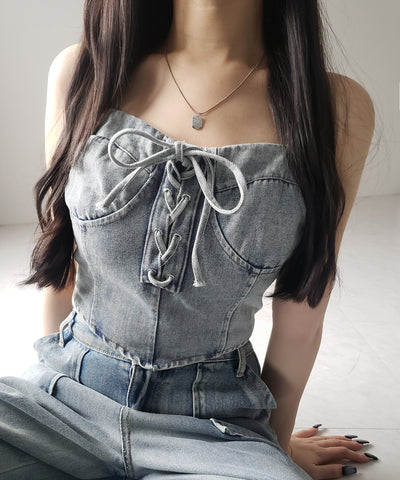【 ２color 】レースアップリボンコルセットデニムビスチェ ／ lace up ribbon corset denim bustier