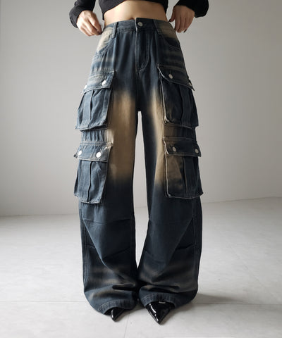【 ３color ／４size 】オーバーダイグラデーションヴィンテージワイドカーゴデニム ／ overdyed gradation vintage wide cargo denim