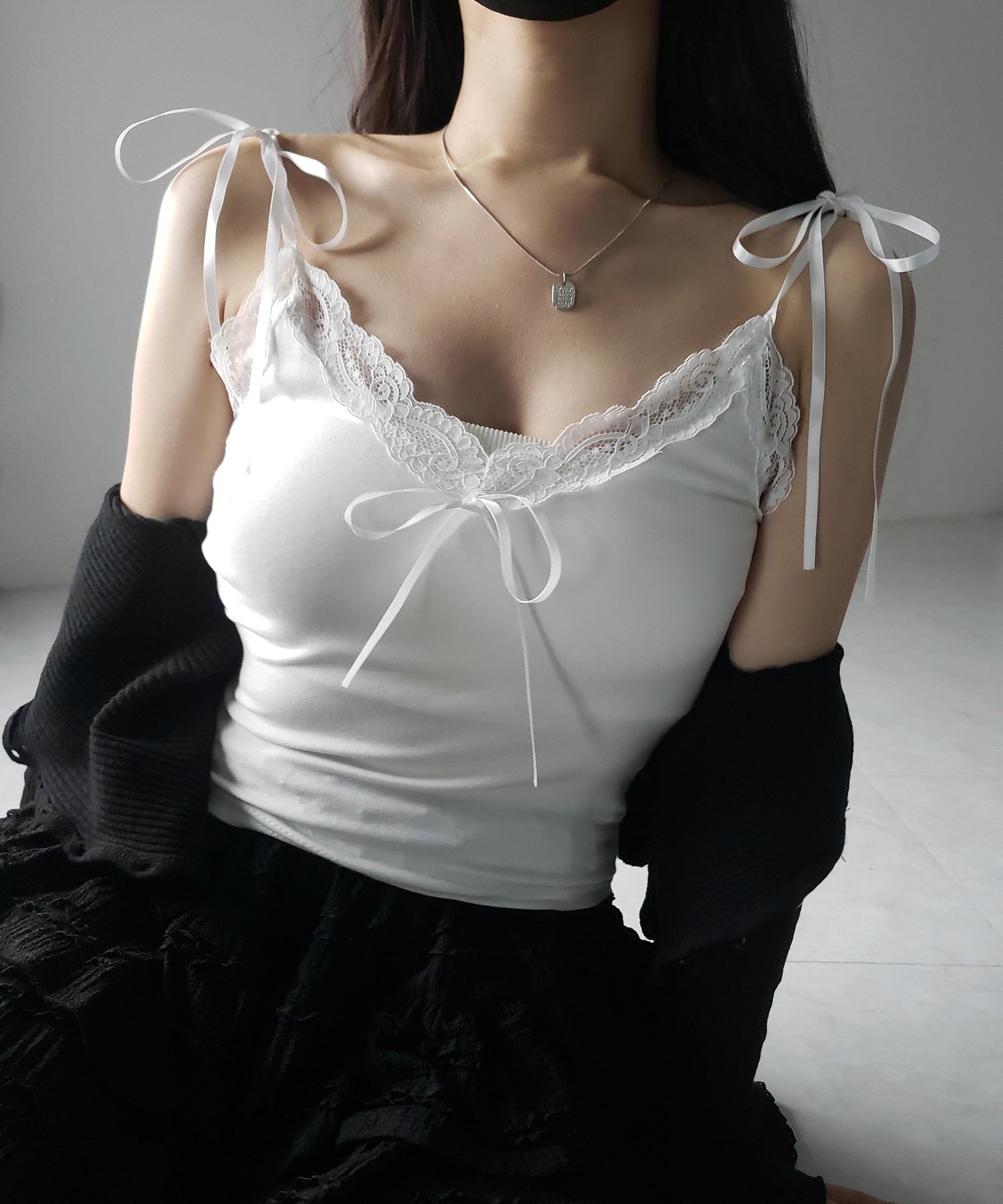 【 ４color 】３サテンリボンレースリブキャミソール ／ three satin ribbon lace lib camisole