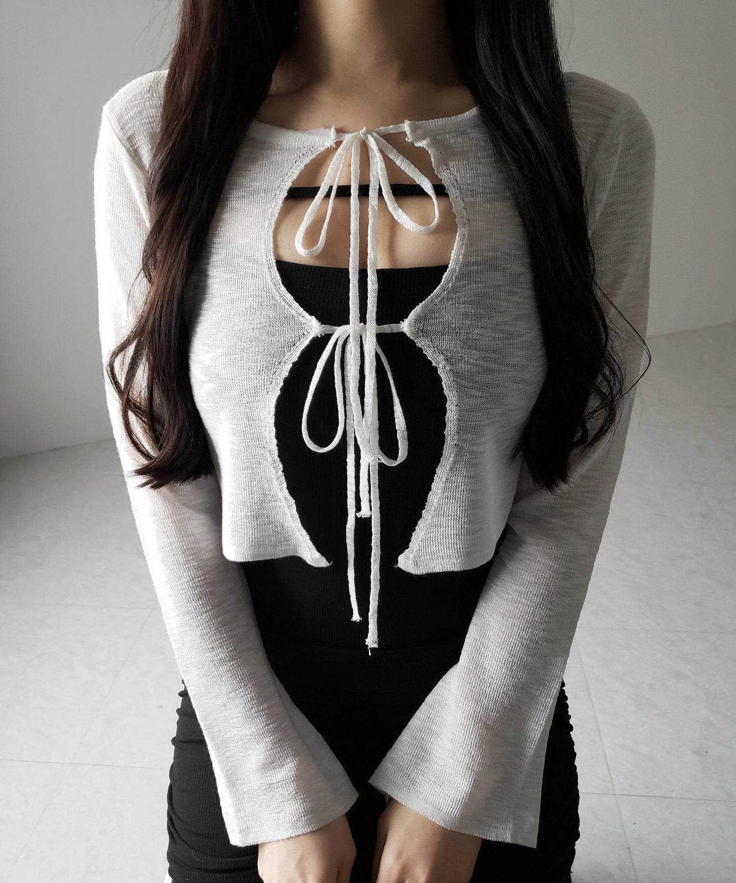 【 ２color 】ダブルリボンシアーニットショートカーディガン ／ double ribbon sheer knit short cardigan