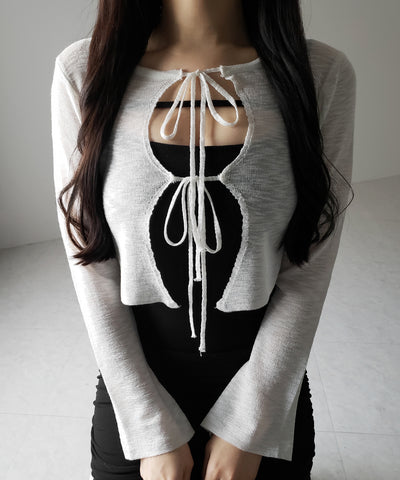 【 ２color 】ダブルリボンシアーニットショートカーディガン ／ double ribbon sheer knit short cardigan