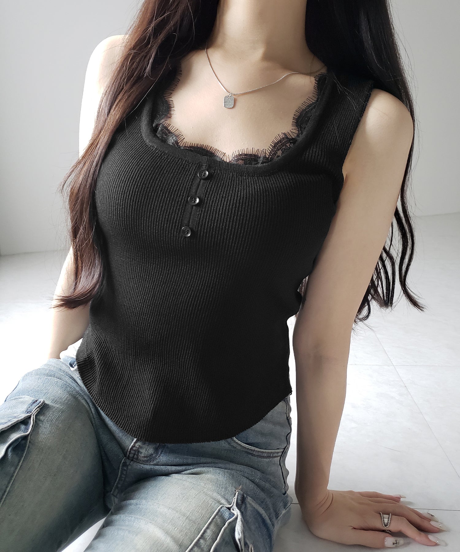 【 ２color 】スクエアネックレースニットタンクトップ ／square neck lace knit tank top