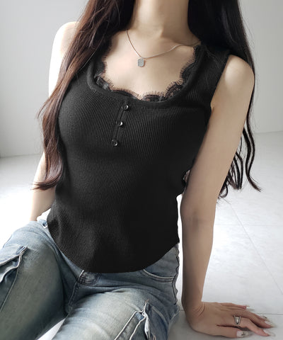 【 ２color 】スクエアネックレースニットタンクトップ ／square neck lace knit tank top