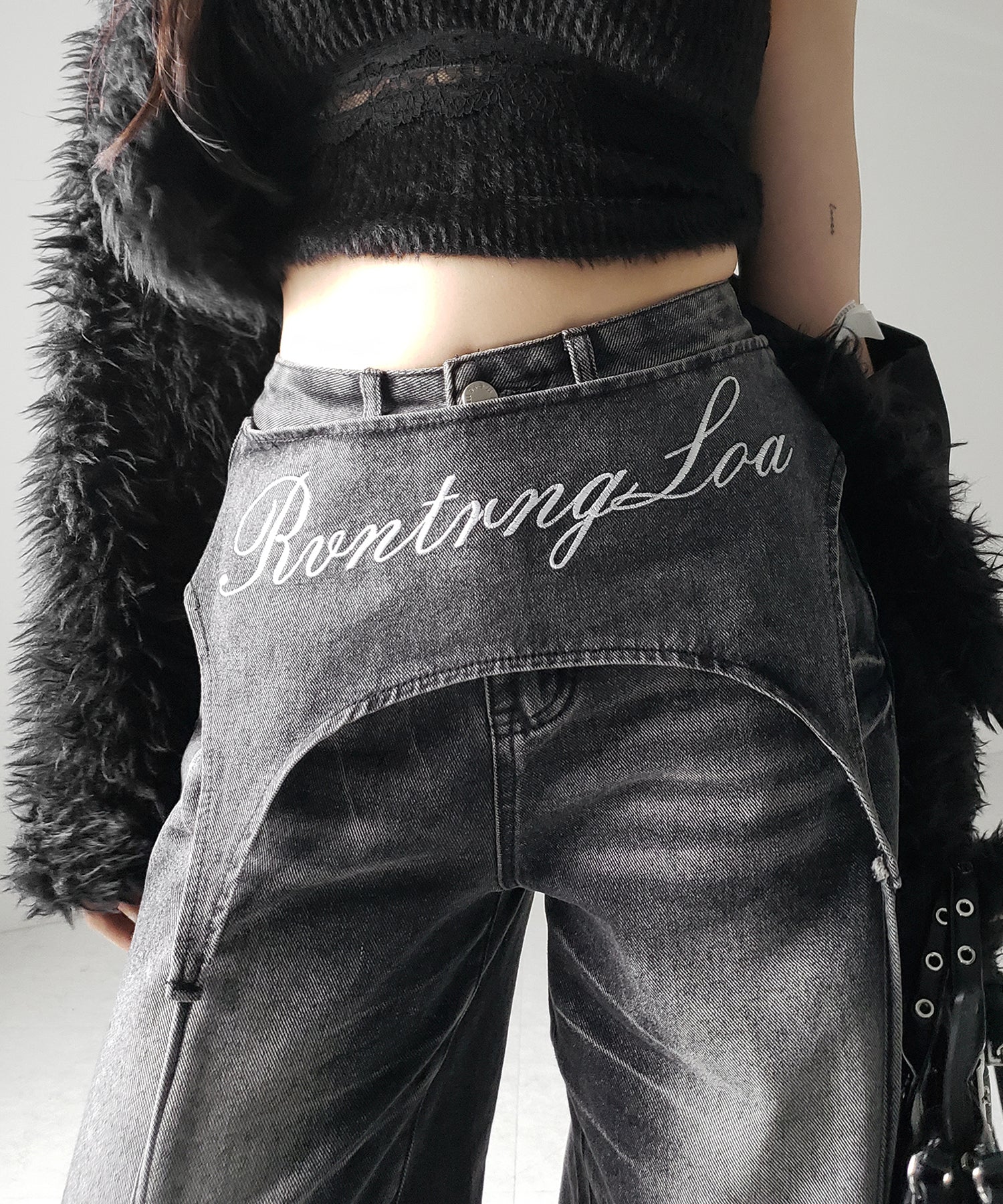 【 ２WAY 】レタリングロゴ刺繍ガーターヴィンテージワイドデニム ／ lettering logo embroidery garter vintage wide denim