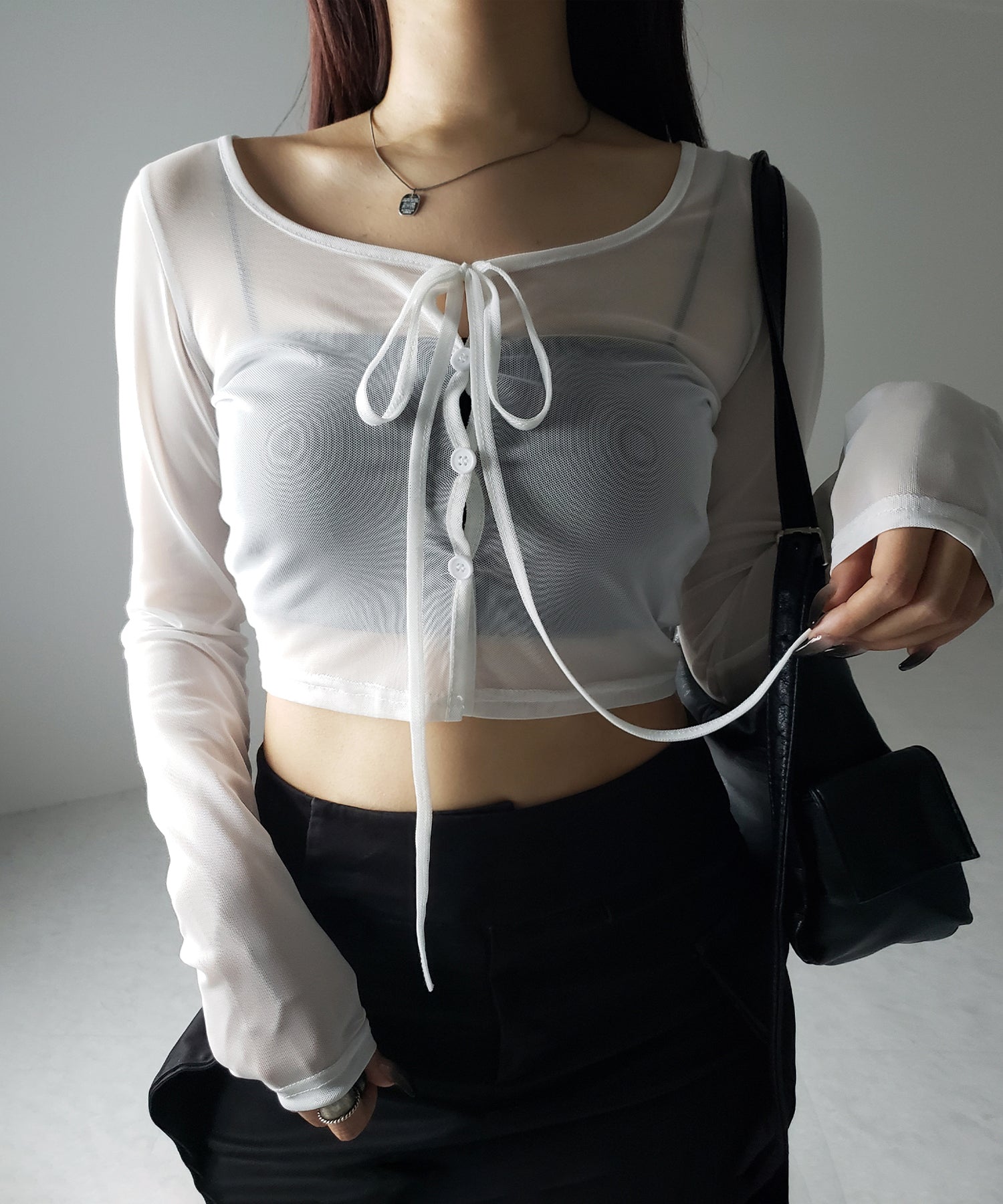 【 ３color ／ ２WAY 】クロスストラップリボンシアーショートカーディガン ／ cross strap ribbon sheer short cardigan