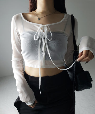 【 ３color ／ ２WAY 】クロスストラップリボンシアーショートカーディガン ／ cross strap ribbon sheer short cardigan
