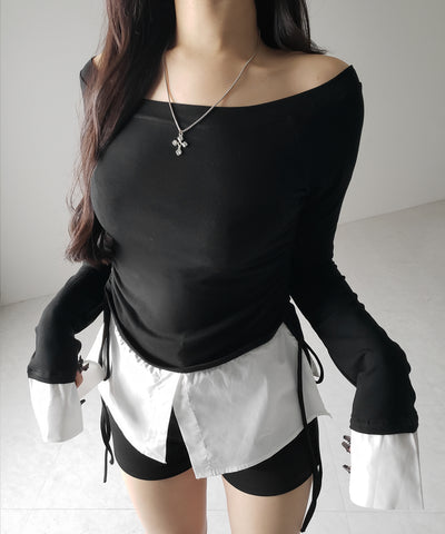 【 ２color ／ ２WAY 】シャツドッキングサイドリボンワンショルトップス ／shirt docking side ribbon oneshoulder tops
