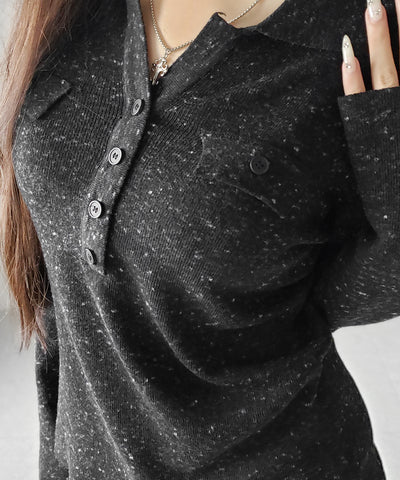 スキッパーボタン長袖ロングニットトップス ／ skipper button long sleeve long sheer knit tops