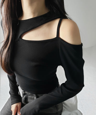 【 ３color 】ショルダーカットアウトストラップリブトップス ／ shoulder cutout strap lib tops