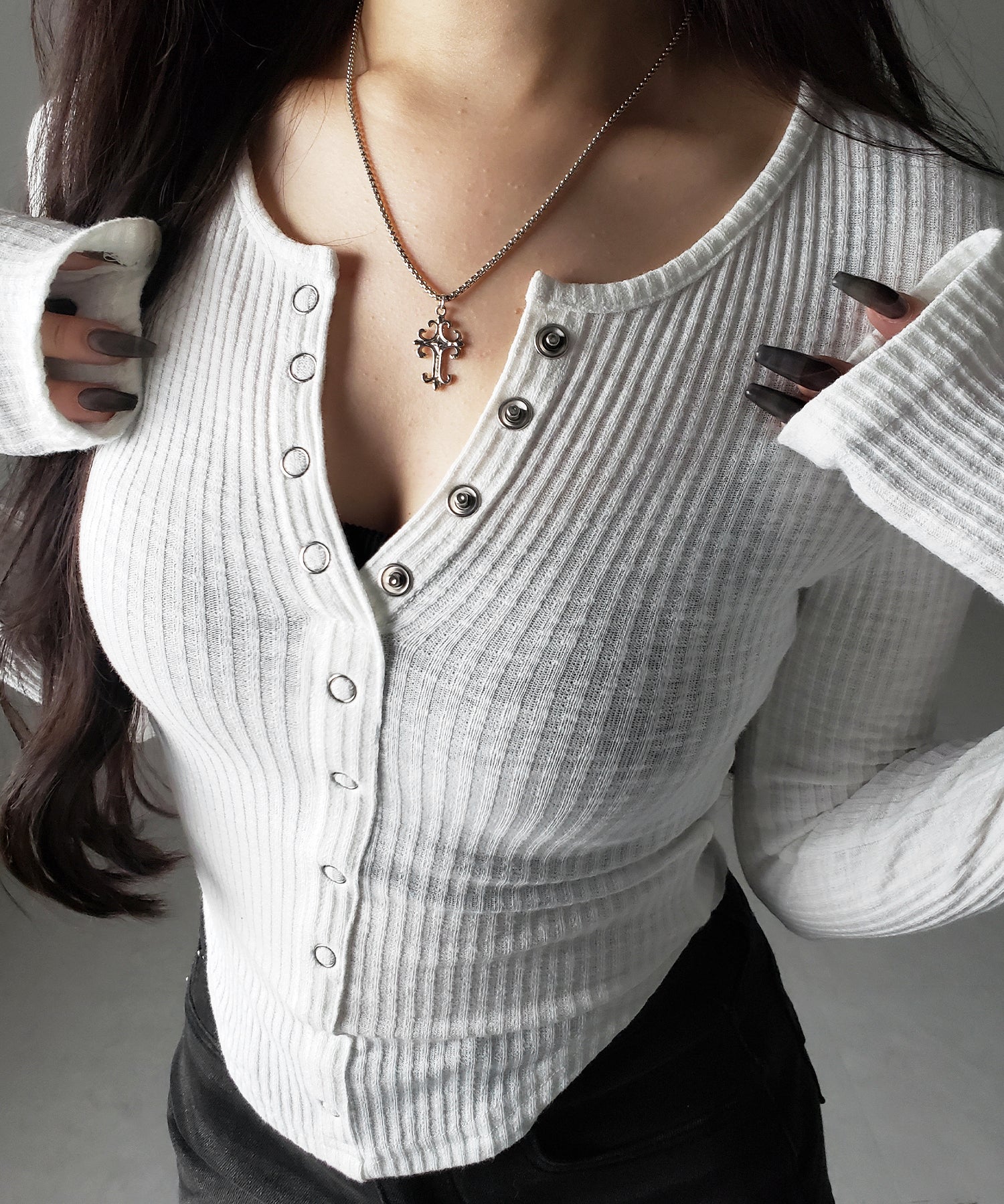 スナップボタンタイトリブカットソートップス ／ snap button tight ribbed cutsew tops