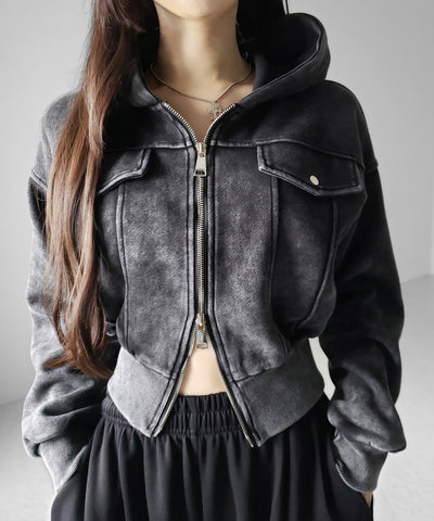 ピグメントダブルジップショートパーカー ／ pigment double zip short hoodie
