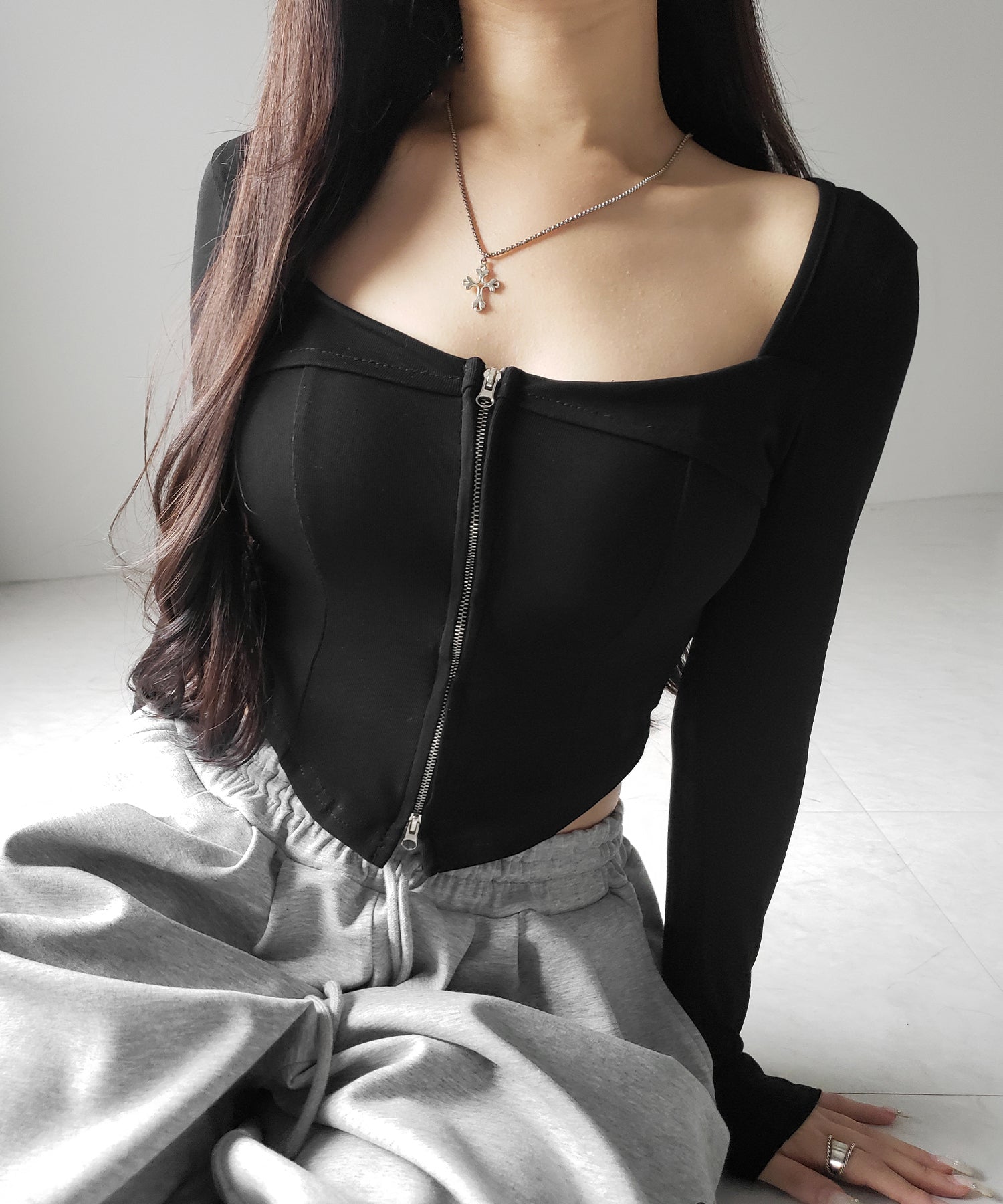 【 ２color 】ダブルジップコルセットスクエアネックロンＴ ／ double zip corset square neck longsleeve T-Shirt