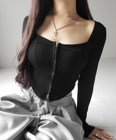 【 ２color 】ダブルジップコルセットスクエアネックロンＴ ／ double zip corset square neck longsleeve T-Shirt
