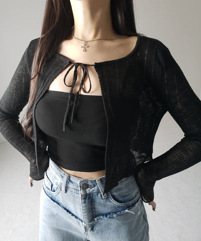 【 ２color 】フロントリボンシアーニットショートカーディガン ／ front ribbon sheer knit short cardigan