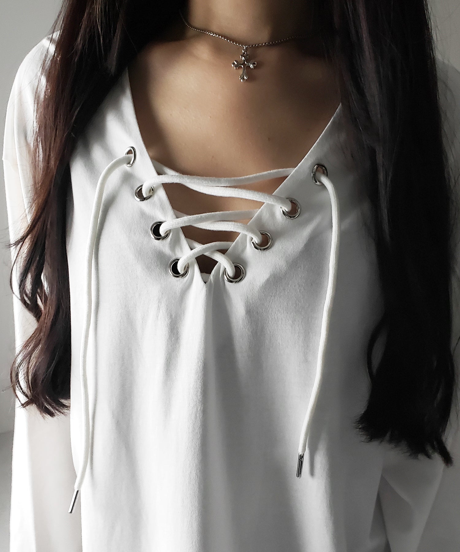 【 ２color 】レースアップルーズシルエット長袖ビッグTシャツ ／ laceup loose silhouette long sleeve big T-shirt