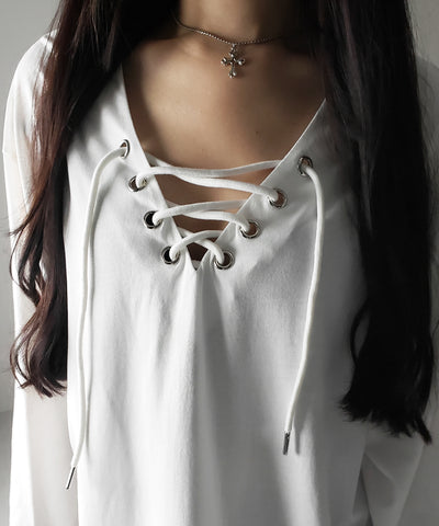 【 ２color 】レースアップルーズシルエット長袖ビッグTシャツ ／ laceup loose silhouette long sleeve big T-shirt