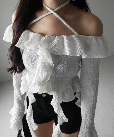 【 ２color 】クロスストラップリボンオフショルダーフリルブラウス ／ cross strap ribbon off shoulder frill blouse