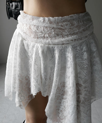 【 ２color ／ インパン裏地付】アシンメトリーフリルレースミニスカート ／ asymmetry frill lace mini skirt