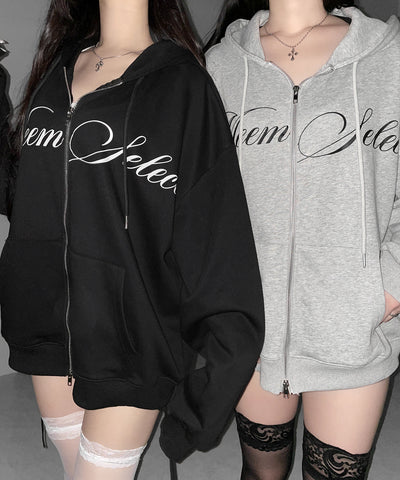 【 セットアップ可能 】レタリングロゴプリントダブルジップビッグパーカー ／ lettering logo print double zip BIG hoodie