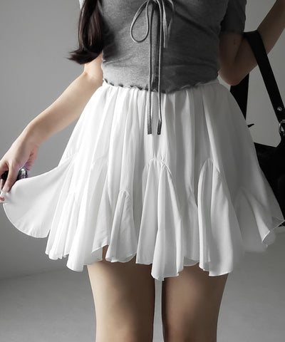 【 ２color ／インパン裏地付き 】ハイウエストドレープフレアミニスカート ／ high waist draped flare mini skirt