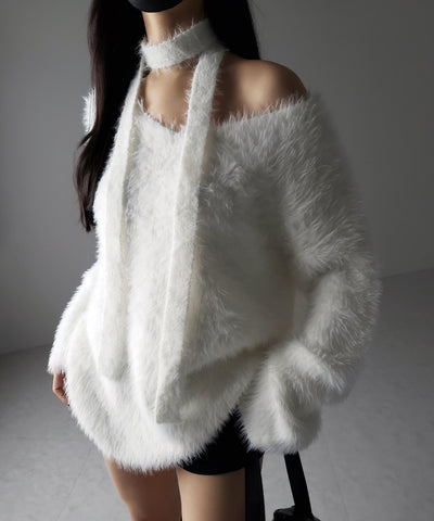 【 ２color 】チョーカータイ付きルーズシャギーニット ／ choker tie set loose shaggy knit