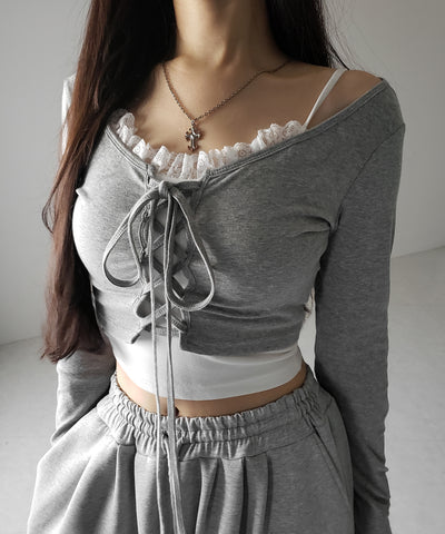 【 ２点セット 】レースアップリボンショートトップス ＋ レースキャミ SET ／ lace up ribbon short tops + lace cami SET