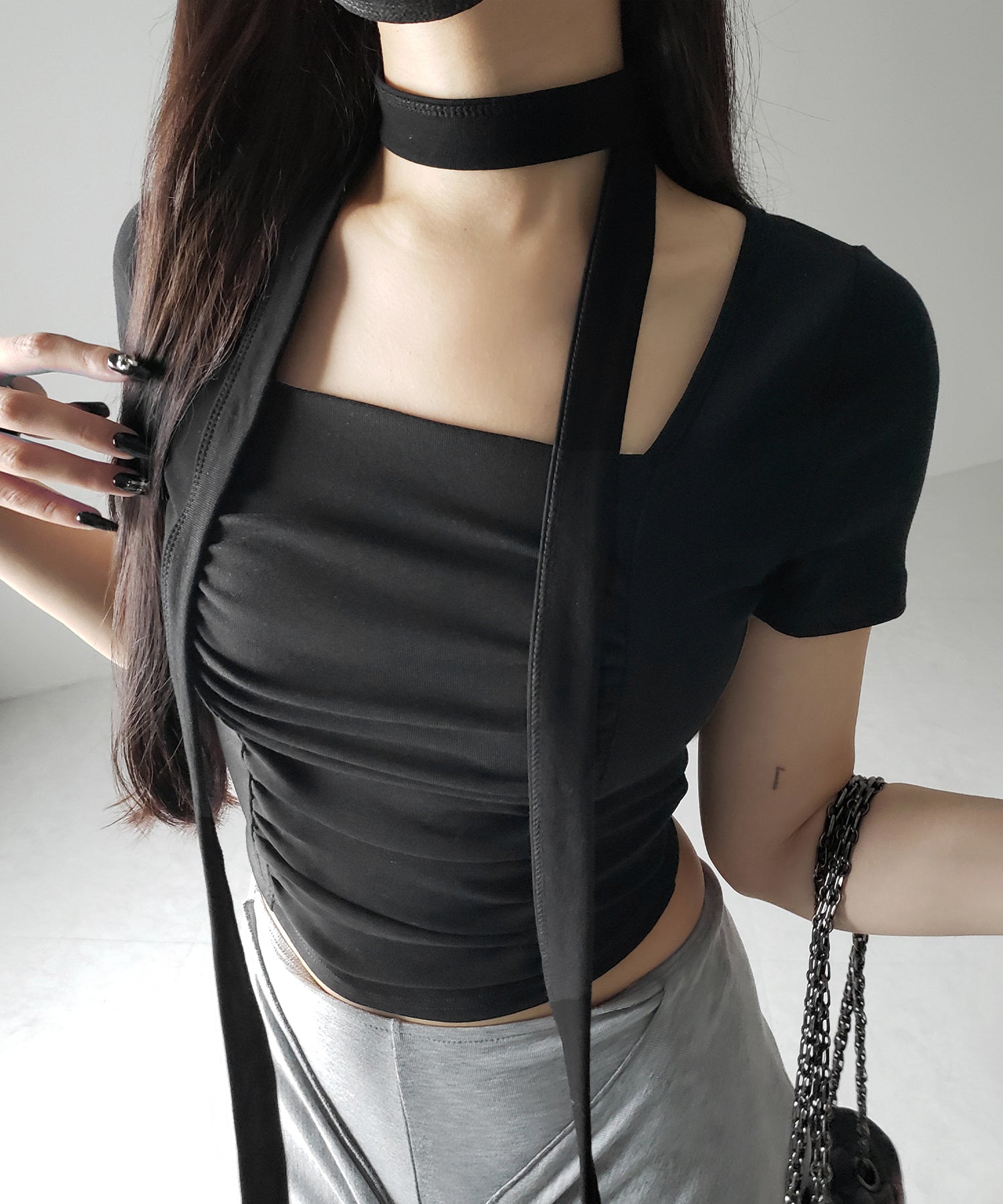 【 ２WAY 】チョーカーロングタイ付き スクエアネックギャザースリムＴシャツ ／ choker long tie SET square neck gather slim sleeve T-shirt