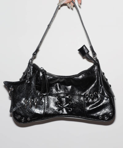 【 ショルダーストラップ付 】ピアッシングレースアップショルダーバッグ ／ piercing lace-up vintage shoulder bag