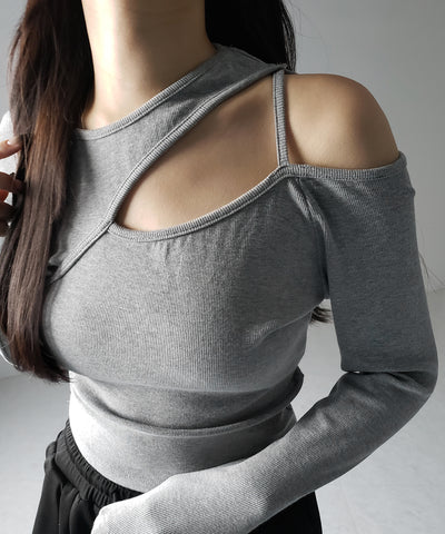 【 ３color 】ショルダーカットアウトストラップリブトップス ／ shoulder cutout strap lib tops