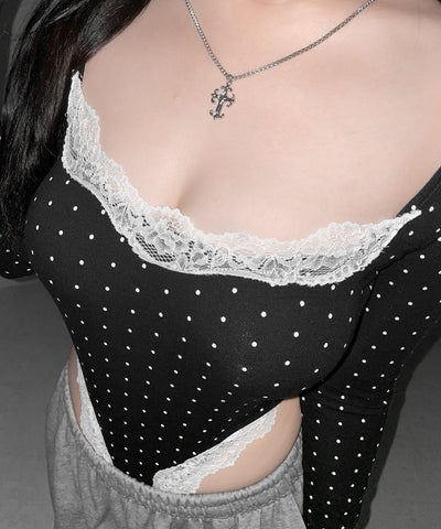 ドットカットアウトレースポイントボディスーツトップス ／dot cutout lace point bodysuit tops