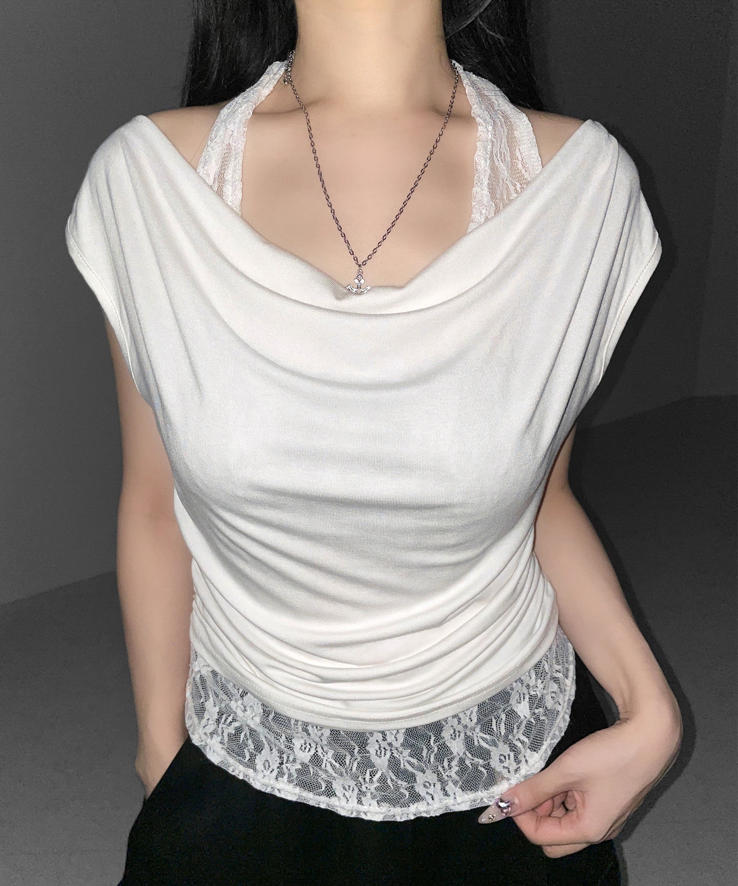 レースレイヤードドレープＴシャツ ／ lace layered drape T-shirts