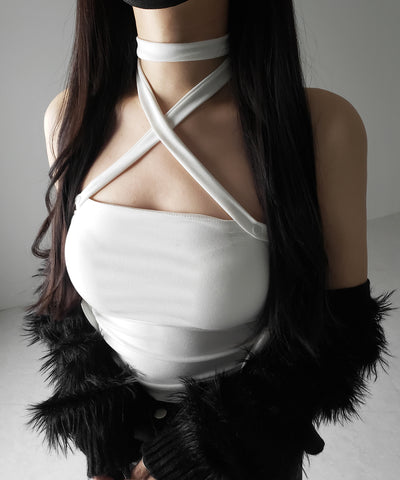 【 ３color ／ カップ付 】ロングチョーカークロスネックキャミソール ／ long choker cross neck camisole