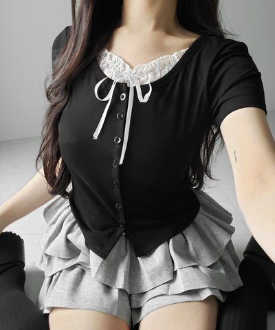 フロントリボンレースレイヤード半袖リブトップス ／front ribbon lace layered short sleeve rib tops