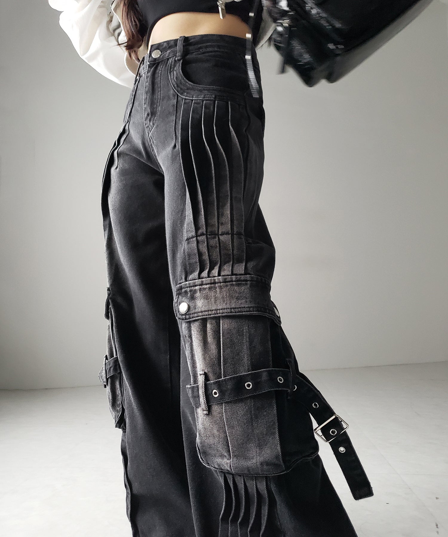 【 ４size 】カーゴプリーツブラックヴィンテージワイドデニム ／cargo pleated black vintage wide denim
