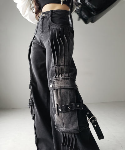 【 ４size 】カーゴプリーツブラックヴィンテージワイドデニム ／cargo pleated black vintage wide denim