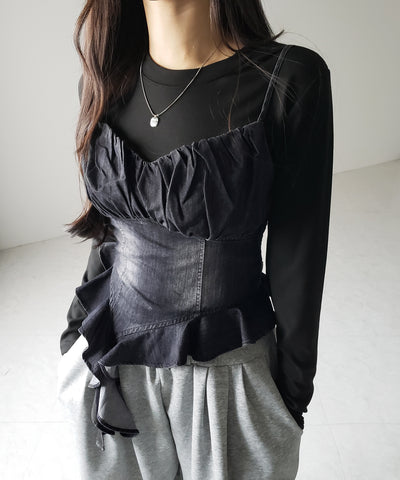 【 ２点セット 】ヴィンテージデニムビスチェ ＆ レイヤードＴシャツセット ／ vintage denim bustier & layered Ｔ-shirts set